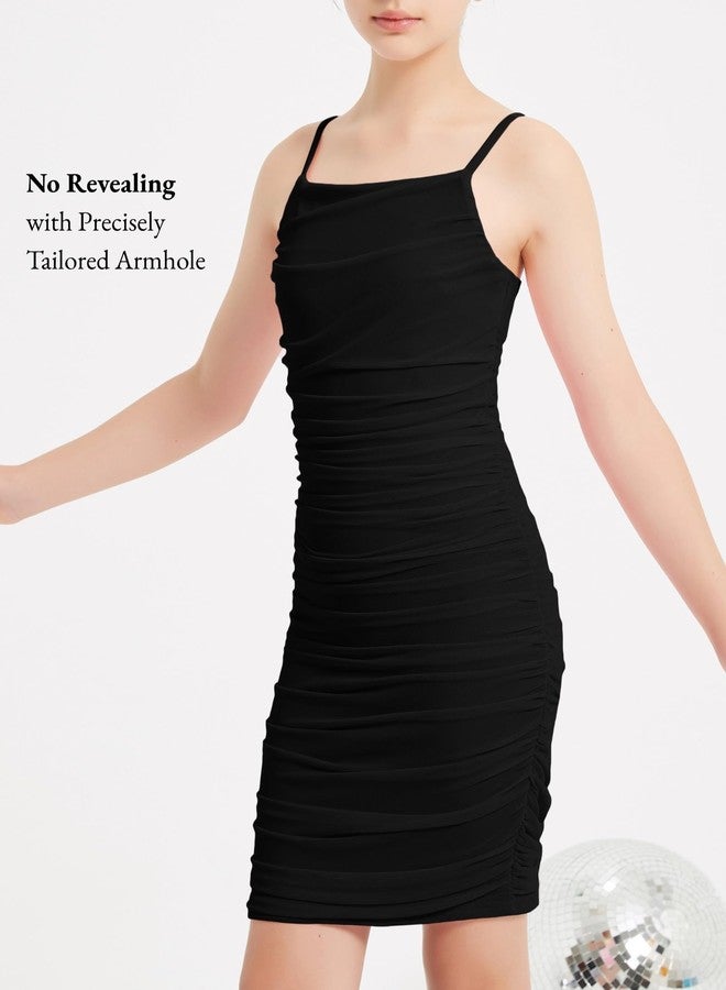 EXARUS فستان قصير ضيق من إكساروس للبنات، مناسب لحفلات الرقص المدرسية الرسمية، بتصميم ضيق من قماش شبكي مكشكش وحمالات رفيعة، باللون الأسود، مقاس 10 سنوات. - Image 3